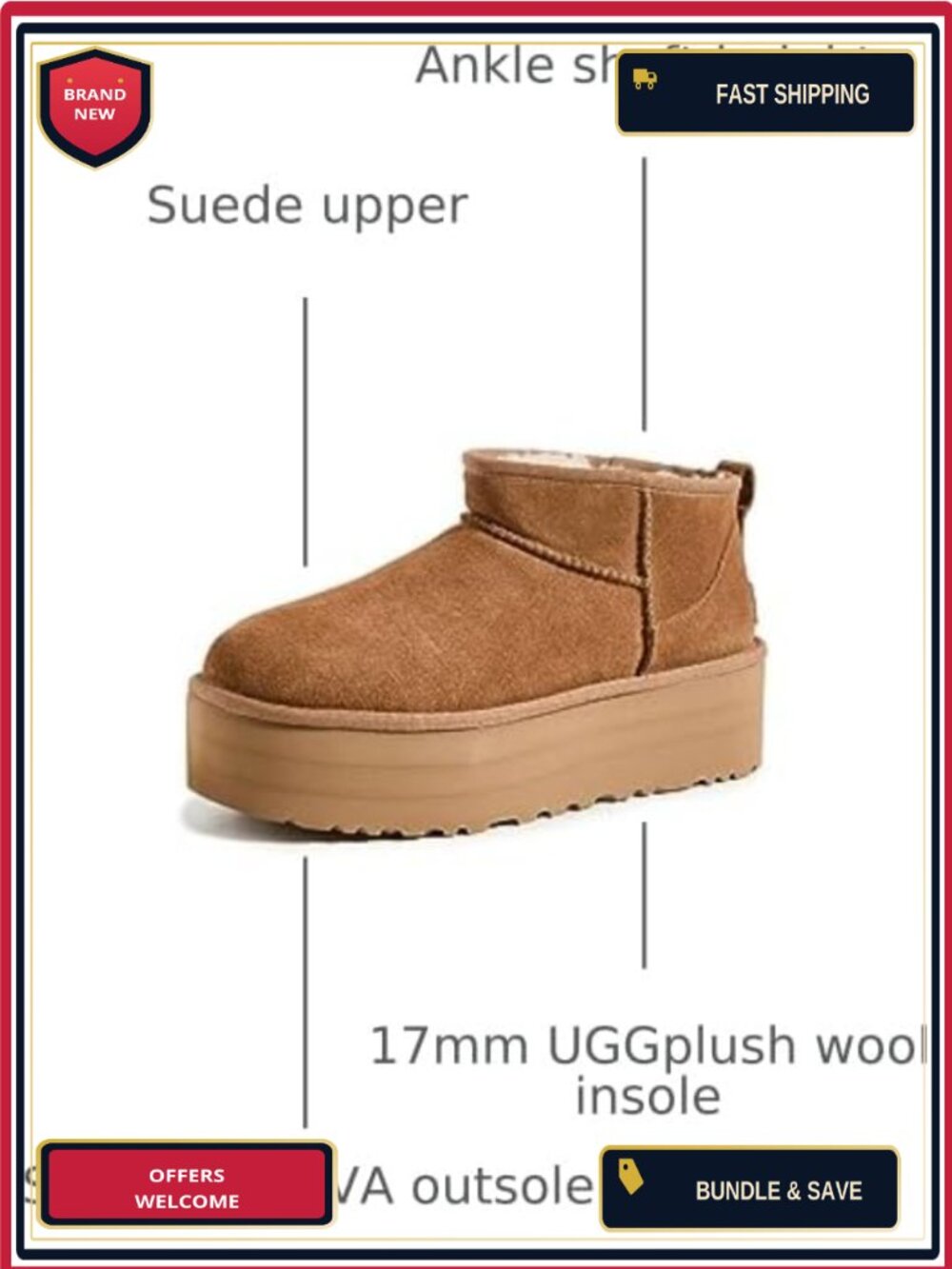 Suede Ankle Bootie with Sheepskin Lining and Platform Heel - Picture 2 of 5